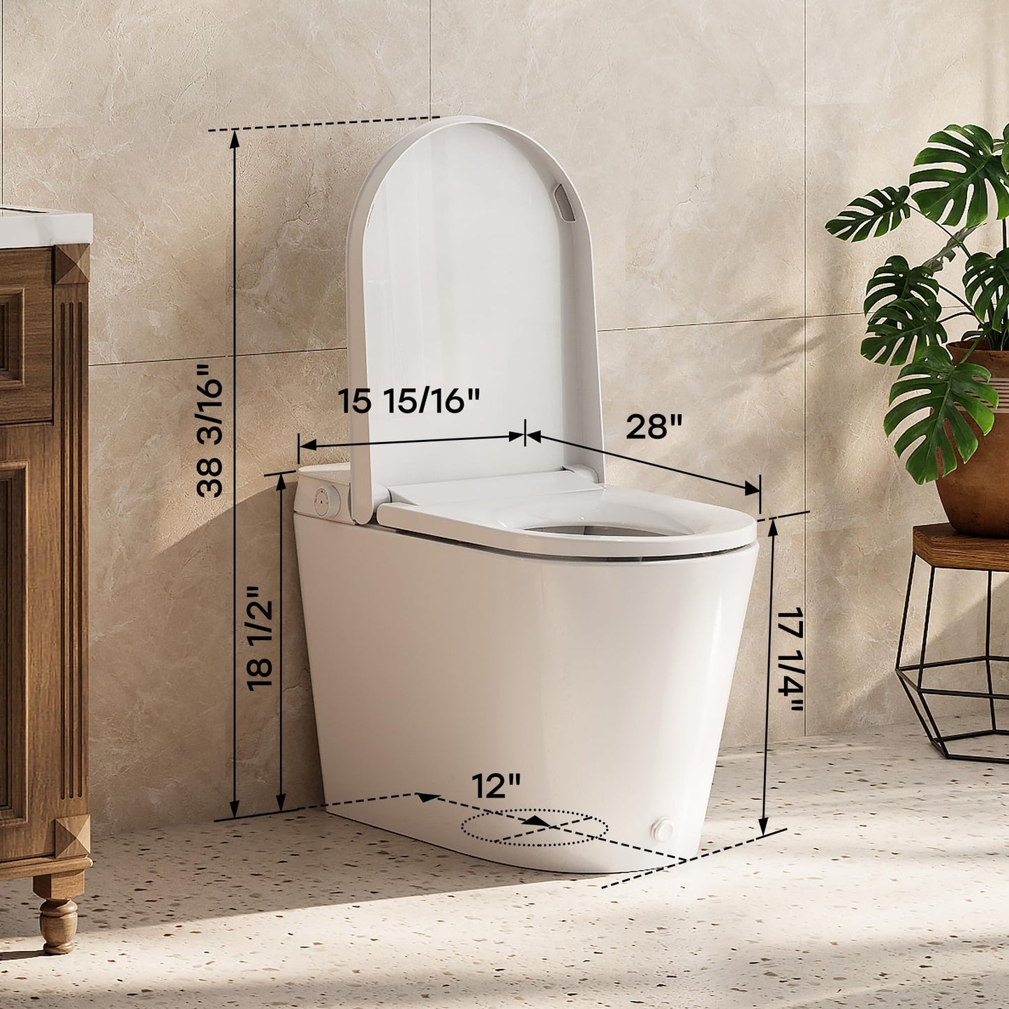 HOROW N30 Non-Electric Bidet Toilet with Auto Flush, No Outlet or Rewiring Needed, Battery Powered, Tankless One-Piece Elongated Toilet with Dual Nozzle Wash, ADA Chair Height, 1.22 GPF, 12" Rough-In