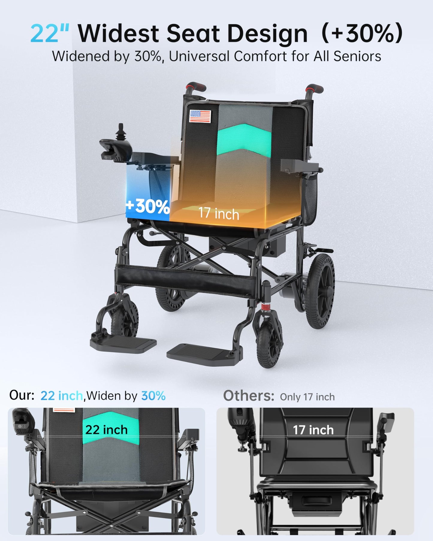 Electric Wheelchairs for Adults, 22 Inch Wide Seat, 500W Motor All Terrain Power Wheelchair, 15 Mile Lightweight Foldable Motorized Wheelchair for Seniors, Removable Battery, 350 lb Capacity