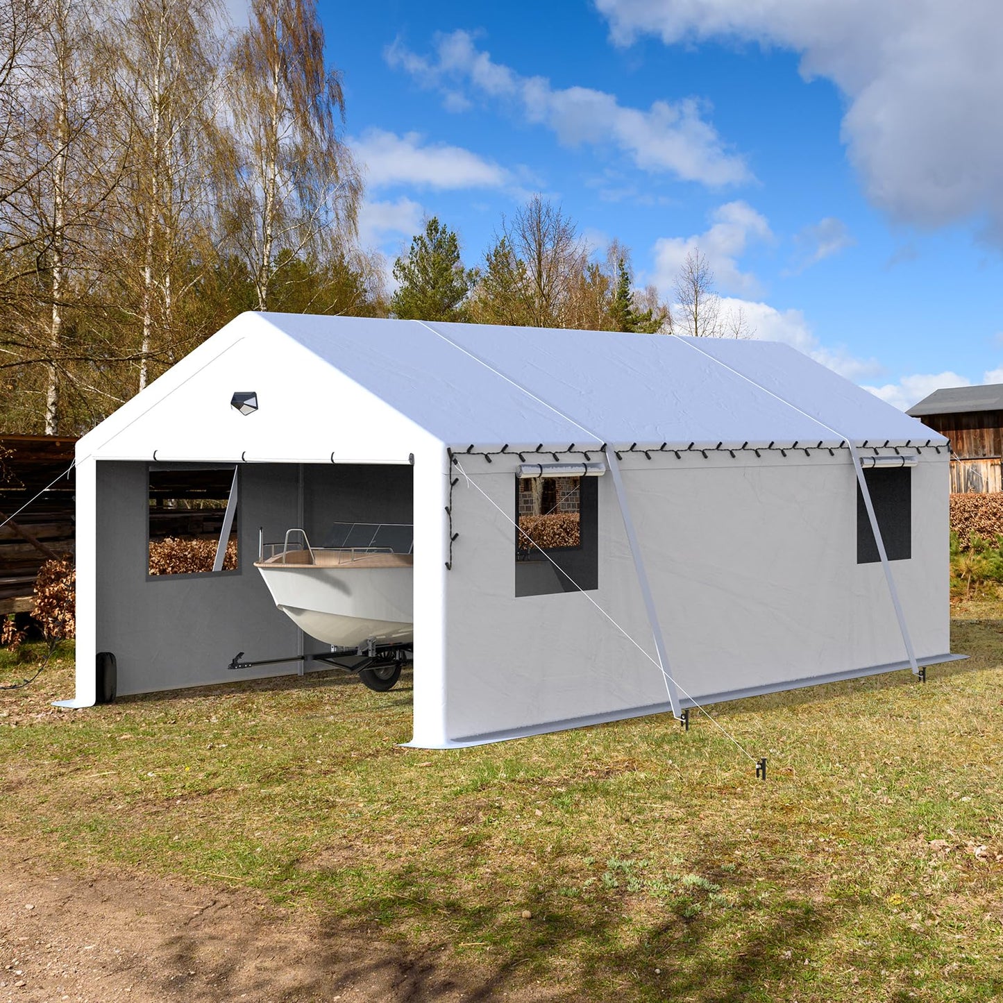 Benass 13x25 FT Heavy Duty Carport Canopy, Drive-Through Portable Garage with Roll-up Doors, Screened Windows, Removable Sidewalls, All-Weather Waterproof Shelter for SUV, Boat & Outdoor Storage