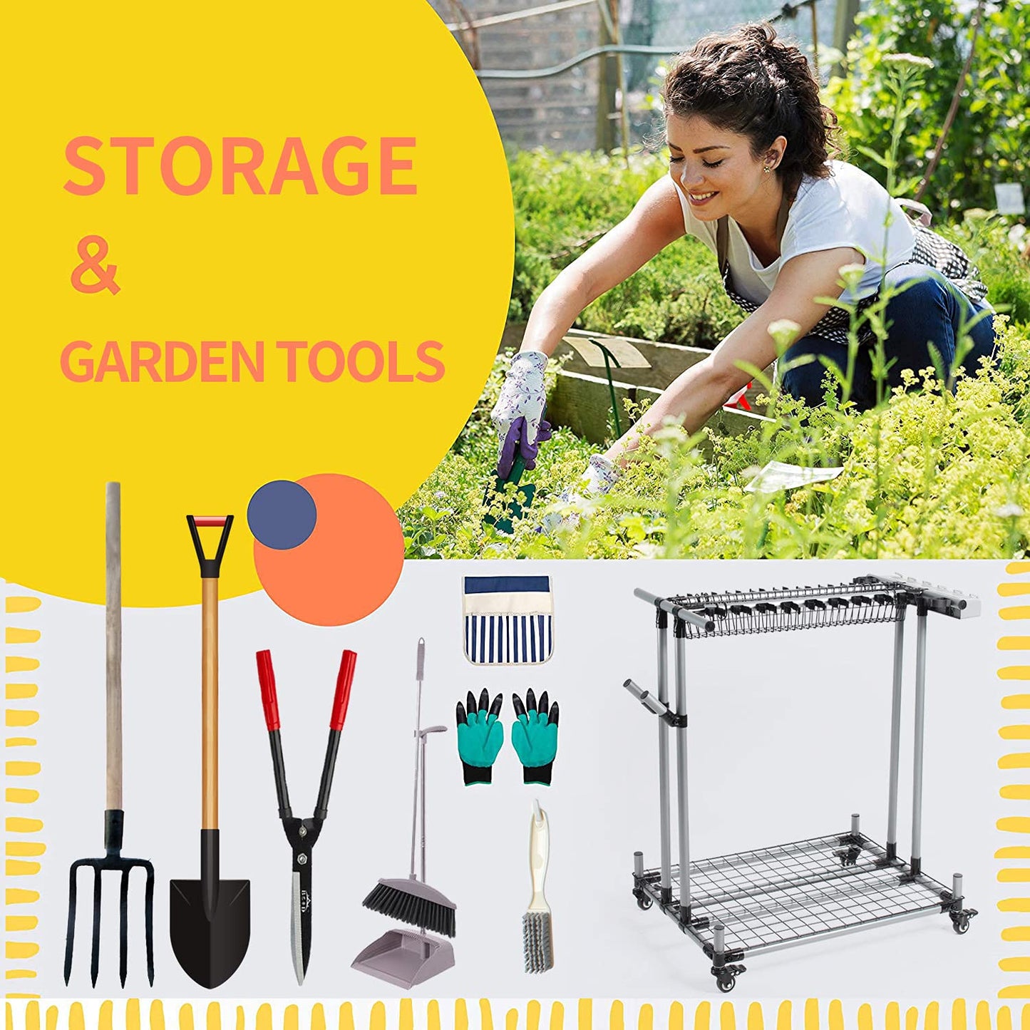 QTJH Mobile garden tool organizer metal Garage Storage Holder storage large long lawn tools heavy duty tool rack sturdy yard cart