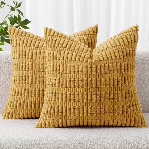 MIULEE Corduroy Throw Pillow Covers - Soft Boho Striped Design | 18x18 Inch Yellow for Modern Farmhouse Decor