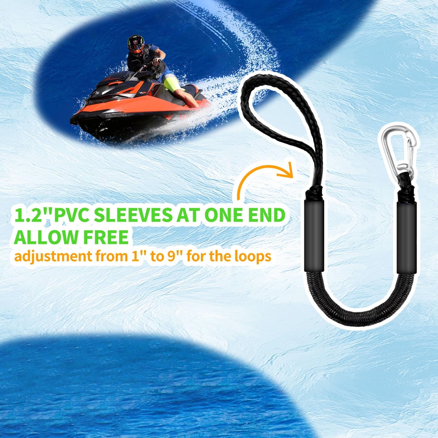 ZRSCHYG Bungee Dock Lines for Boats 2FT, Boat Tie Downs for Dock with Hooks, Elastic Dock Ties for Small Boat Jet Ski Kayak Mooring (2 Foot, 2-Pack, Black)