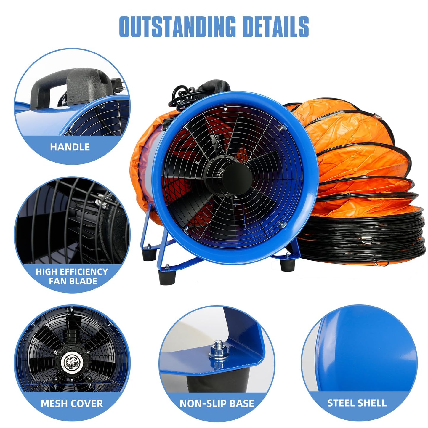 WARSUN Utility Blower 520W 12inch Exhaust Axial Fan 4100 m3/h High Velocity Portable Extractor Fan with 33Ft Duct Hose Portable Ventilator for Exhausting Ventilating at Home or Workplace 370PA