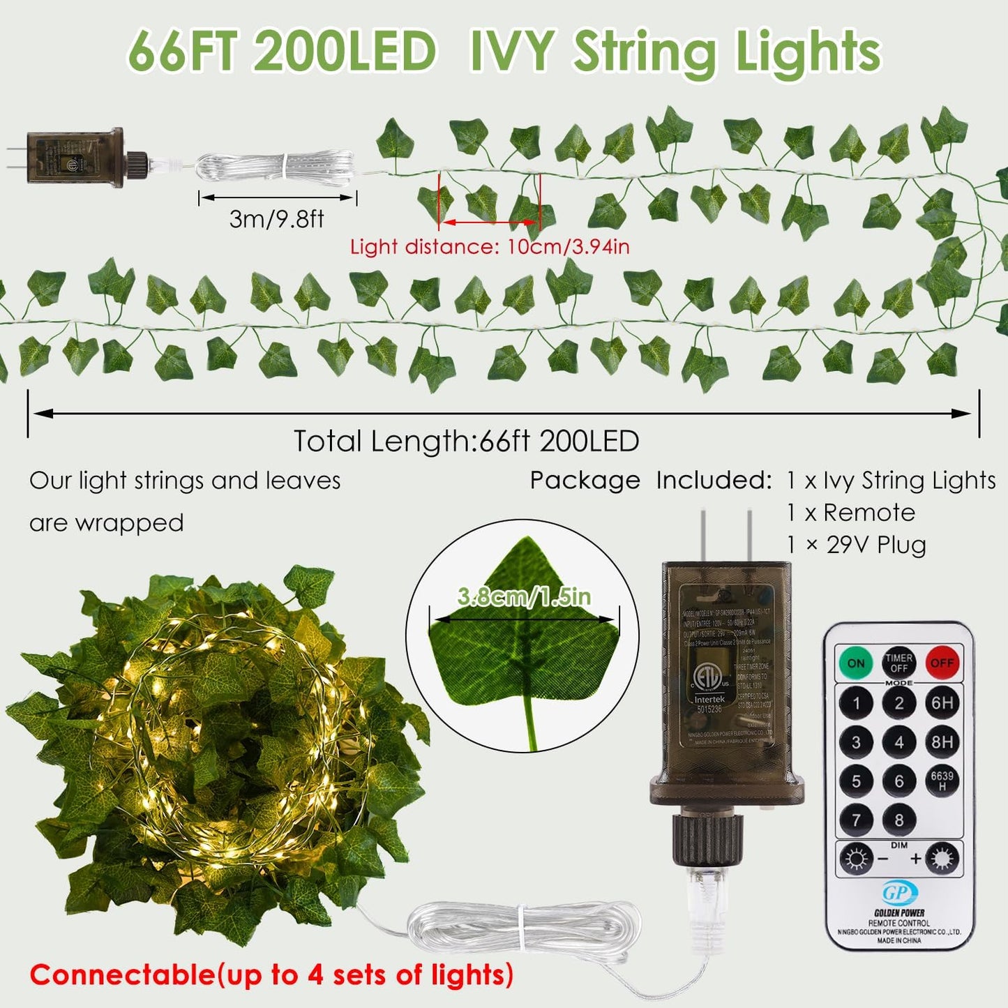OMIKA 66FT Ivy String Lights - 200 LED Waterproof Fairy Lights with Remote for Bedroom & Garden Decor | Warm White