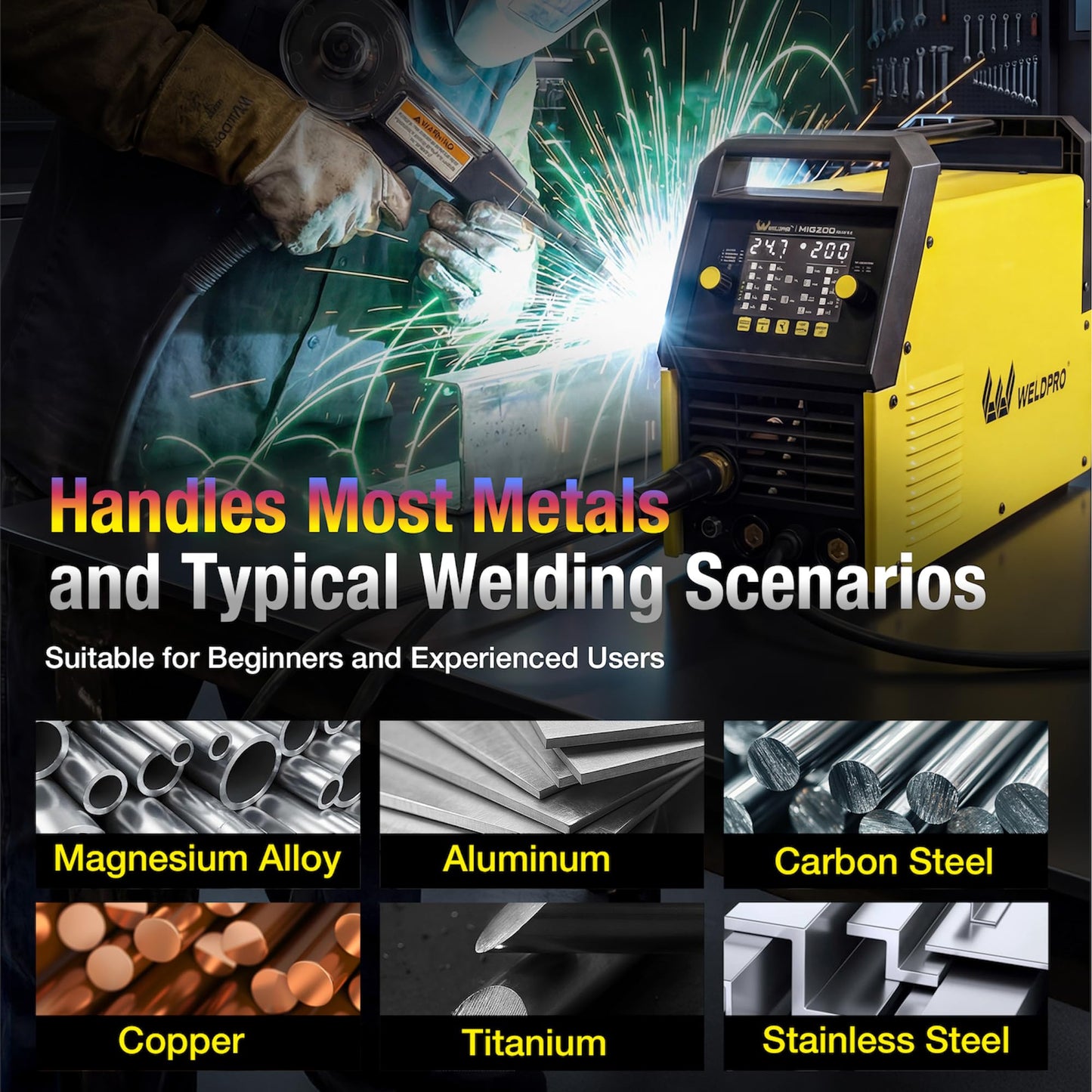 Weldpro MIG Welder, 200Amp 7-in-1 Gas MIG/Gasless Flux Core MIG/Synergic MIG/Lift TIG/MMA/Spot/Spool Gun Aluminum Multi process Welding Machine with Large LED Display, IGBT, 2T/4T, Save Job
