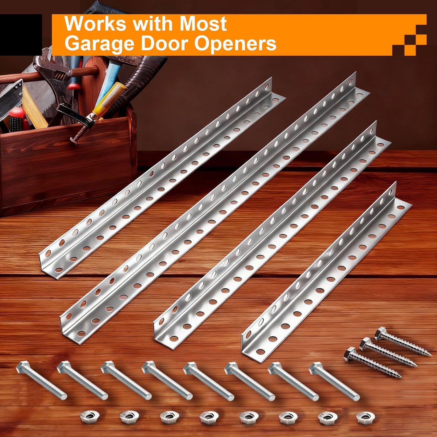 4-Piece Garage Door Opener Hanging Bracket Kit, 13 Gauge Heavy Duty Galvanized Steel Angle Iron Brackets with Mounting Hardware, Compatible with Genie/Chamberlain/Craftsman Smart Chain Drive Openers