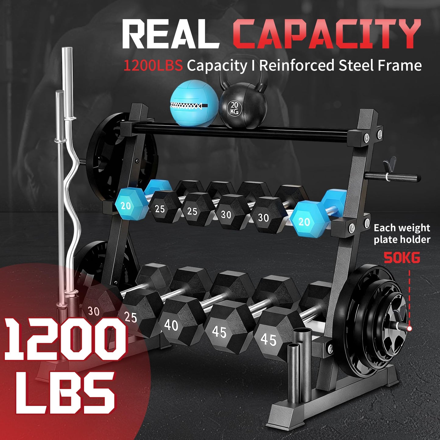 FONBEAR 3 Tier Dumbbell Rack, Weight Storage Rack,1200LBS Multifunctional Weight Rack for Home Gym, Heavy-Duty Dumbbell Rack Stand for Dumbbells Barbell Kettlebells & Weight Plates