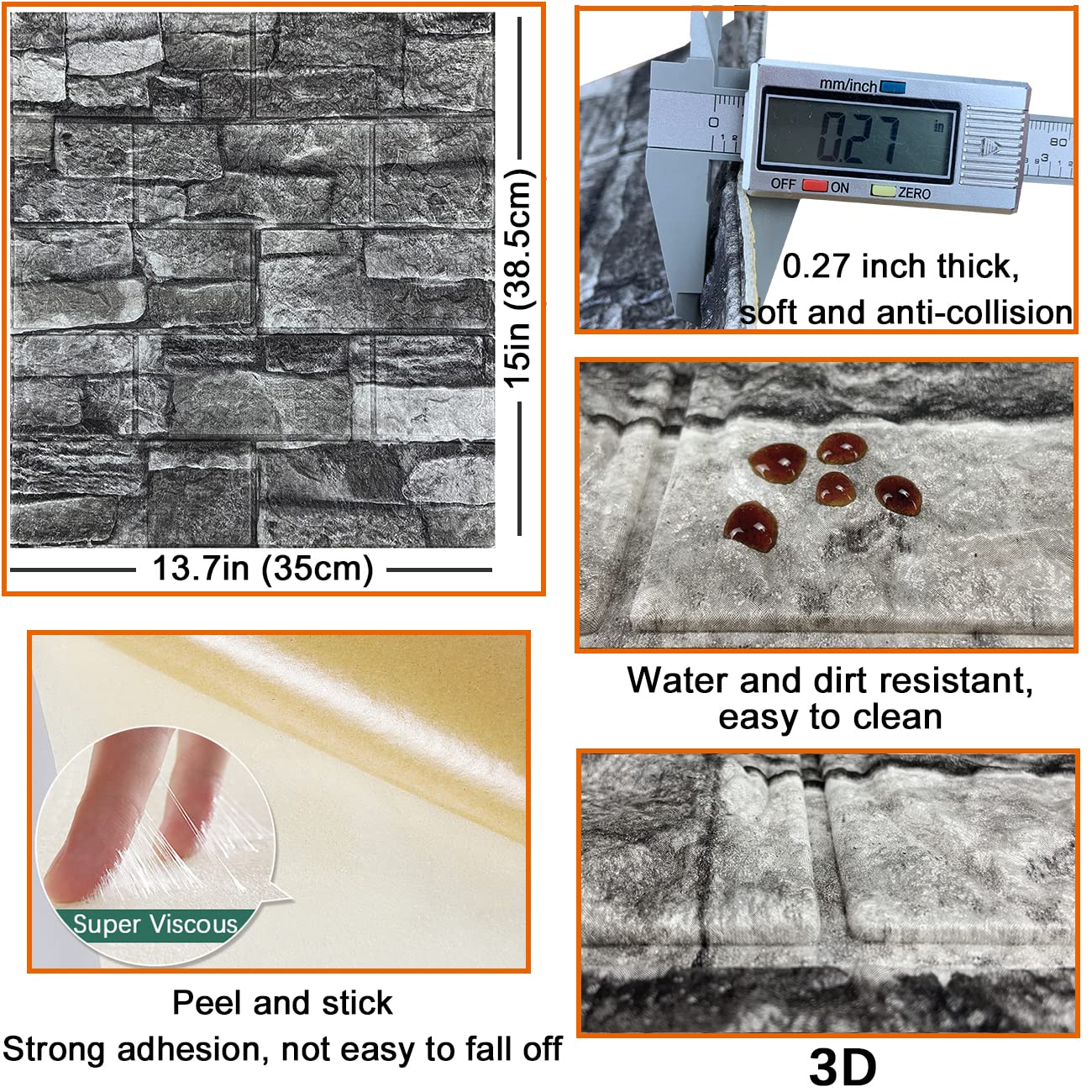 10PCS 3D Wall Panels Peel and Stick 3D Brick Wallpaper Peel and Stick Faux Stone Wall Panel Foam Brick Self-Adhesive Wallpaper (Black,10pcs)