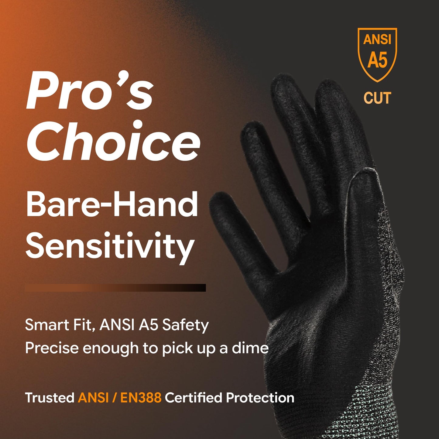 DEX FIT Level 5 Cut Resistant Gloves Cru553, 3D-Comfort Stretchy Fit, Power Grip, Professional Grade, Thin, Touch-Screen Compatible, Durable, Machine Washable; Black Gray L (9) 12 Pairs