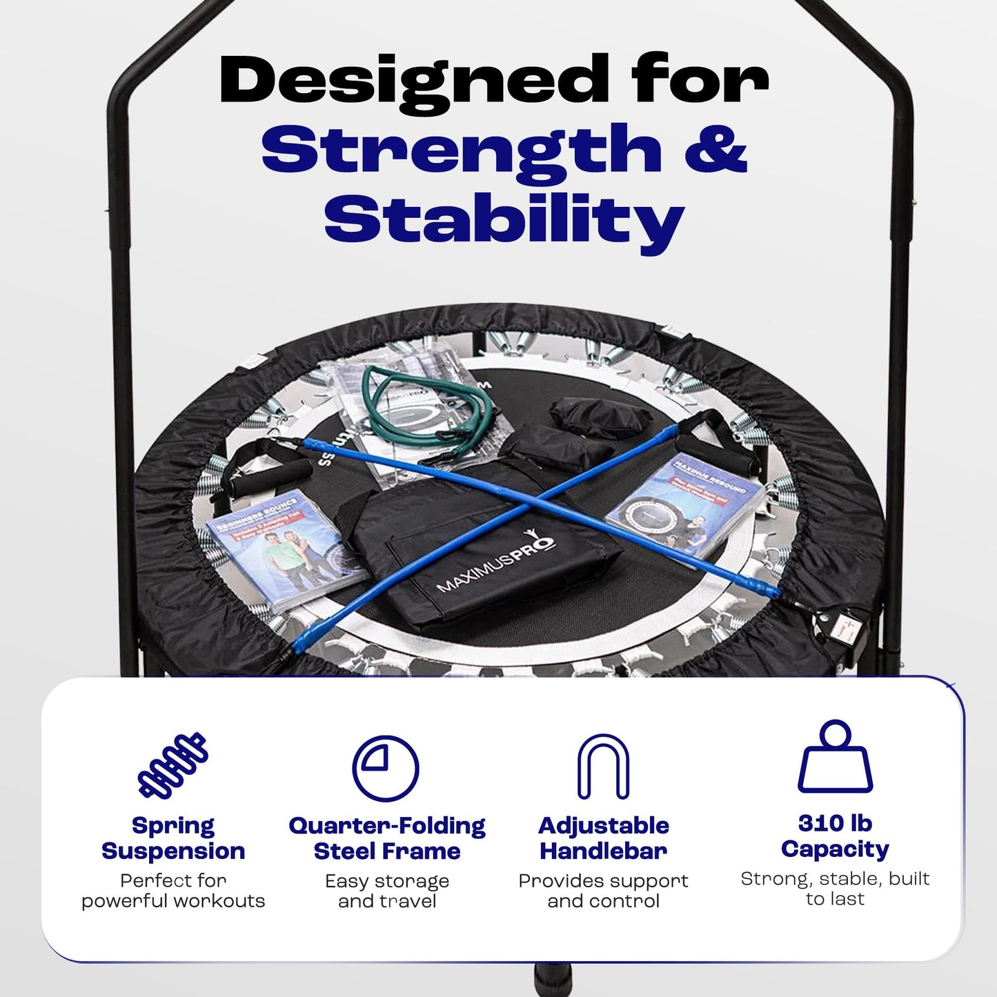 Maximus PRO Folding Rebounder Fitness Trampoline | Voted #1 Indoor Mini Exercise Trampoline for Adults with Bar | Best Home Gym for Fitness & Lose Weight | Free Storage Bag, Resistance Bands, Awesome