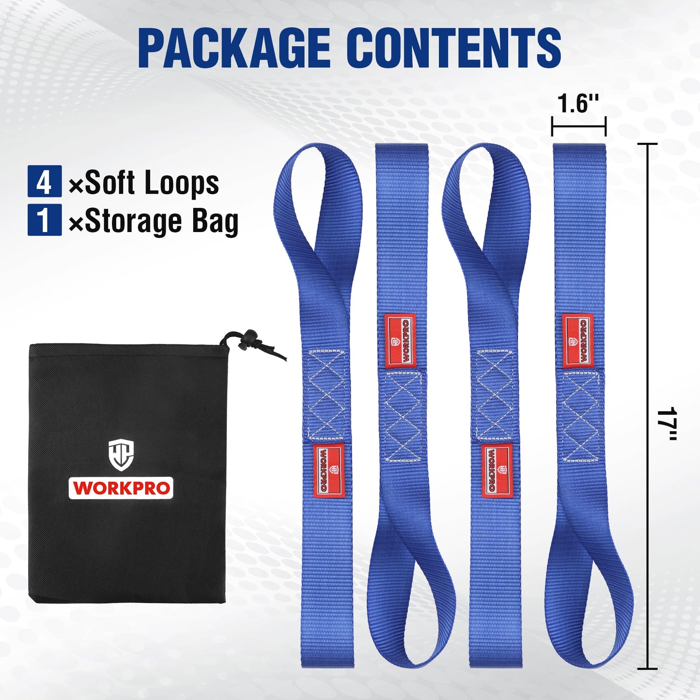WORKPRO Soft Loop Tie Down Straps (4-Pack), 1.6" x 17", 5000 lbs Breaking Strength, Heavy Duty with Soft Loop Ends for Securing Motorcycles, ATVs, UTVs, Kayaks, Dirt Bikes - Blue