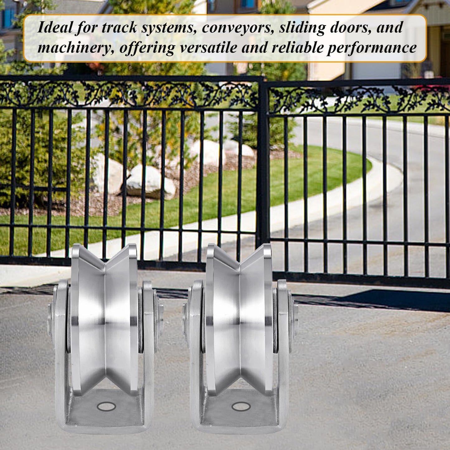 2pcs V Groove Wheel Stainless Steel Heavy Duty Wire Rope Pulley Block Sliding Gate Rollers Double Bearing Plate Caster Solid Track Rollers Wheels Fence Gate Wheel