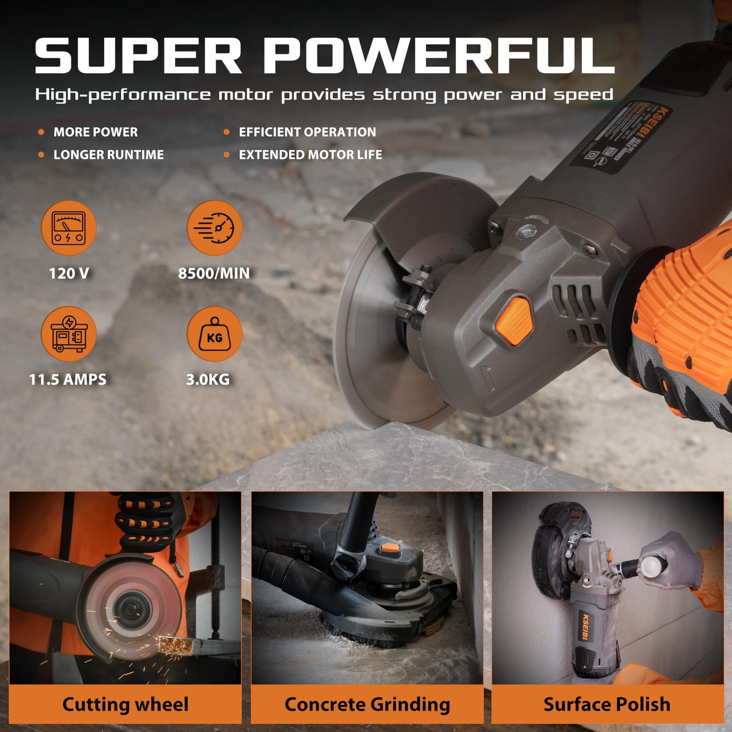 KSEIBI Concrete Angle Grinder Machine 5-Inch, Metal Grinding Tools 11.5Amps (1400 watt) with Safety Guard, Diamond Cup Wheel, Dust Shroud, and Carry Bag