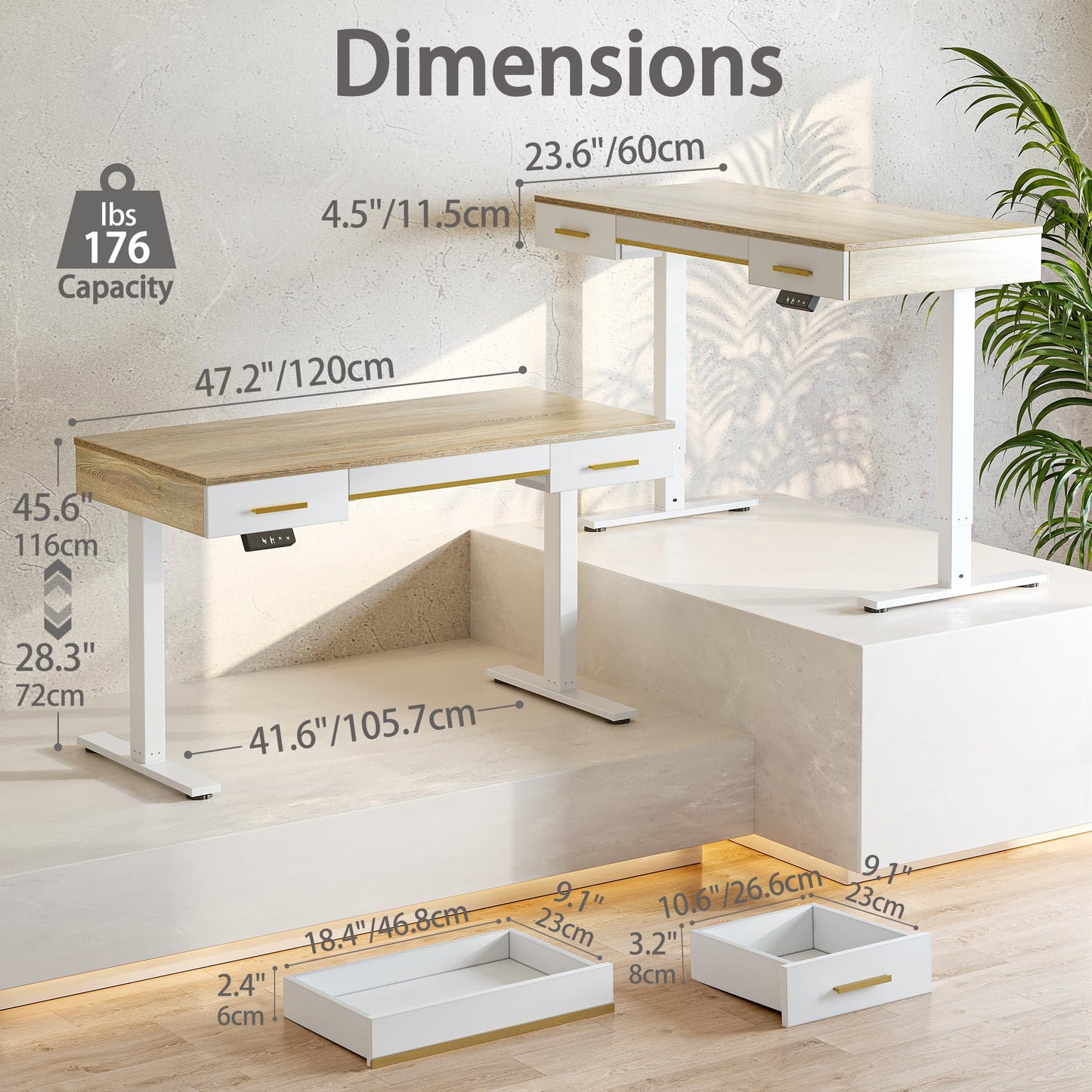 TIQLAB One-Piece Top Electric Standing Desk, 47 x 24 Inch Height Adjustable Sit Stand Desk with Three Drawers for Home Office, Maple