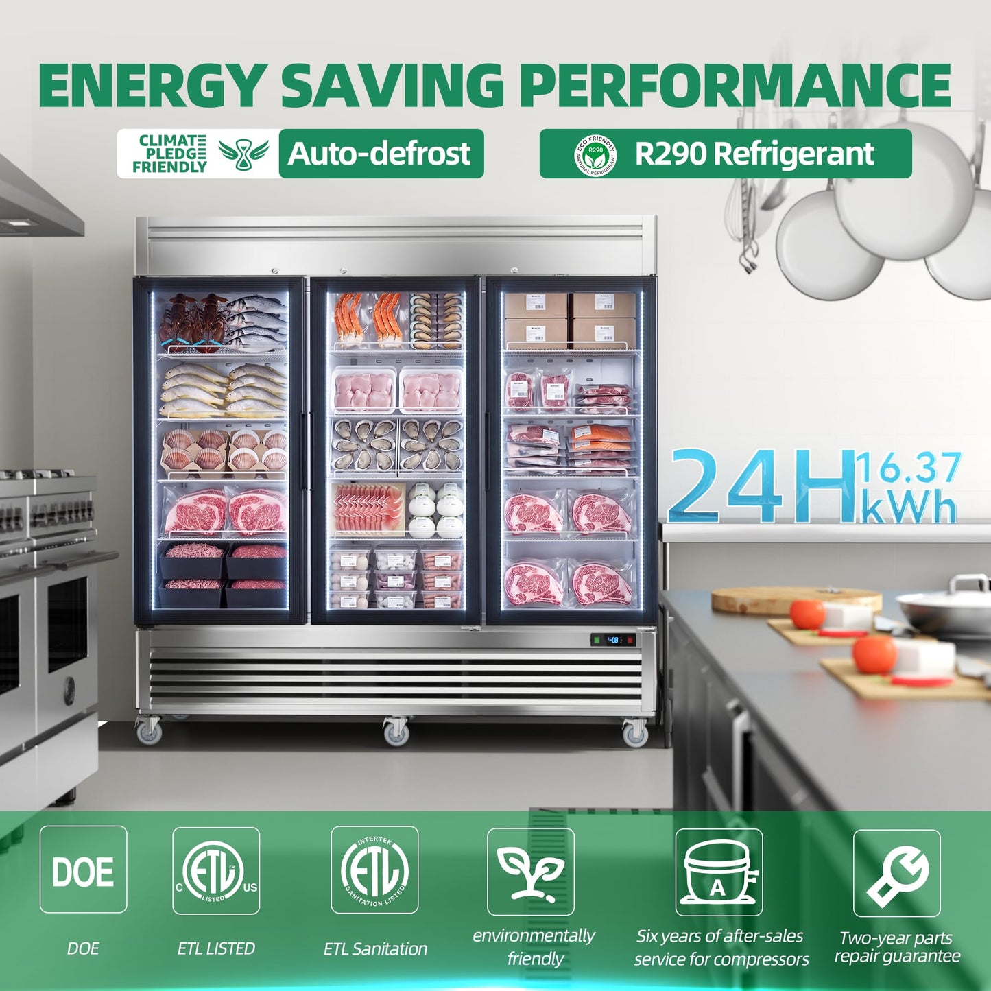 Coolski Commercial Display Freezer with 3 Glass Door, 47.2 Cu.ft. Upright Merchandiser Freezer for Ice Cream and Frozen Food, Adjustable Shelves, Auto Defrost, LED Lighting, ETL DOE Certified