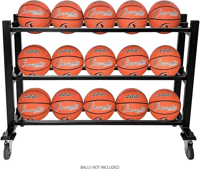 Champion Sports Deluxe Heavy Duty Basketball Storage Cart with Locking Swivel Caster Wheels (Black)