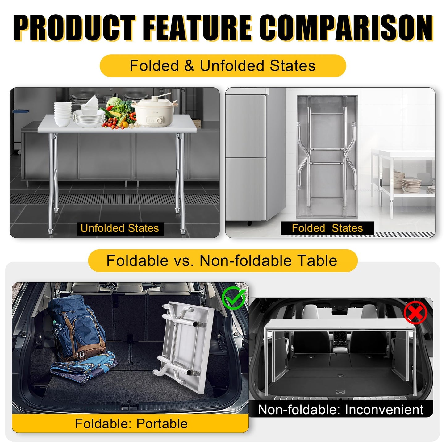 Foldable Stainless Steel Table 48x30 Inch, 1-Tier Portable Workstation, Commercial & Utility Table for Kitchen Prep, Catering, Garage, Workshop and Home Use, 600 LB Capacity