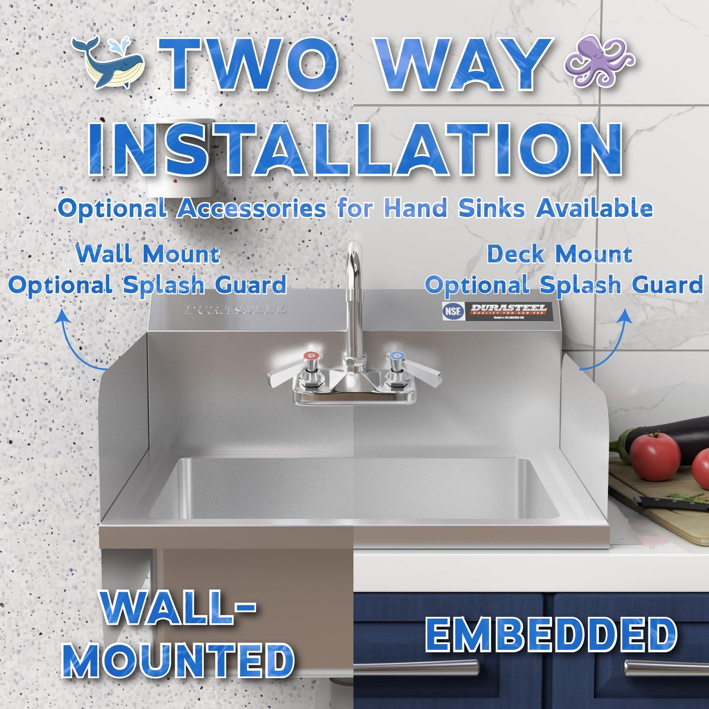 DuraSteel 304 Stainless Steel Wall Mount Sink - Commercial Hand Washing Sink - NSF & CEC Certified with Lead-Free Faucet - For Restaurants, Kitchens, Bars, Restroom
