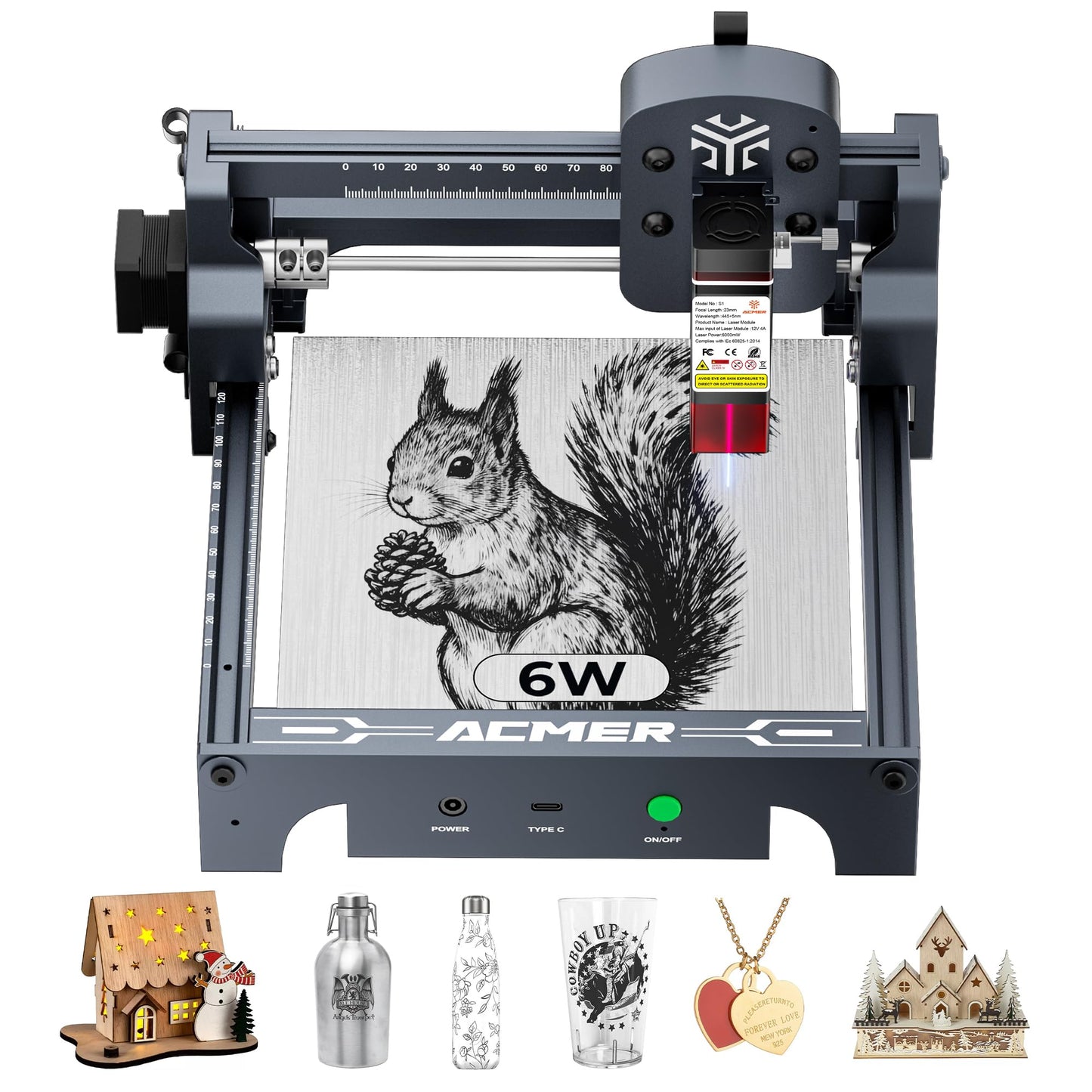 ACMER S1 Laser Engraver 6000mW, Compact Desktop Engraving & Cutting Machine for DIY Crafts, Small Business & Makers, 130×130mm Work Area, 0.04mm Laser Spot Engraving Machines & Tools