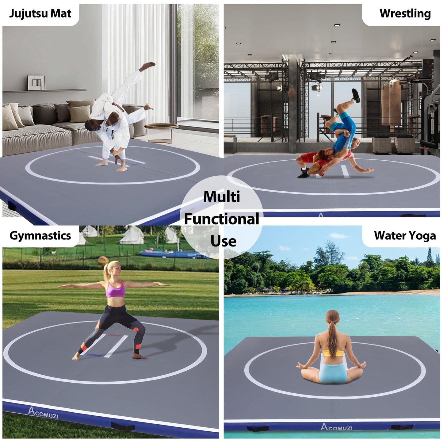 ACOMUZI Inflatable Wrestling Mat 13FT/10FT/5FT, Portable Jiu Jitsu Mats Wrestling Mat for Home, Outdoor or Indoor Training Mat for Water Yoga, Gymnastics, BJJ, MMA (Gray+Blue, 10×10FT×4inch)