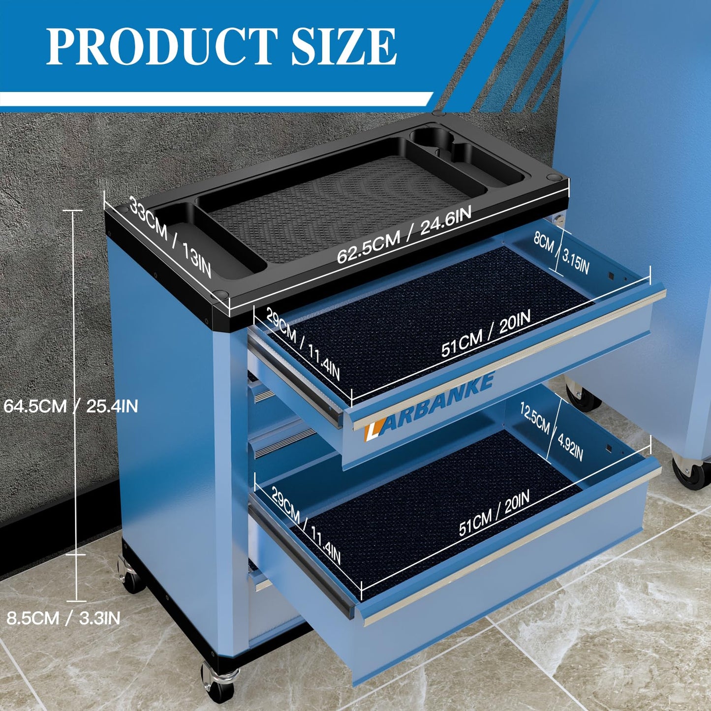 LARBANKE 5-Drawer Rolling Tool Chest with 360° Wheels and Lock&Keys,Tool Cabinet with Non-slip Pearl Cotton Mat and Multifunctional Countertop,Connecting Rods Can Be Connected with 7-Drawer Tool Chest