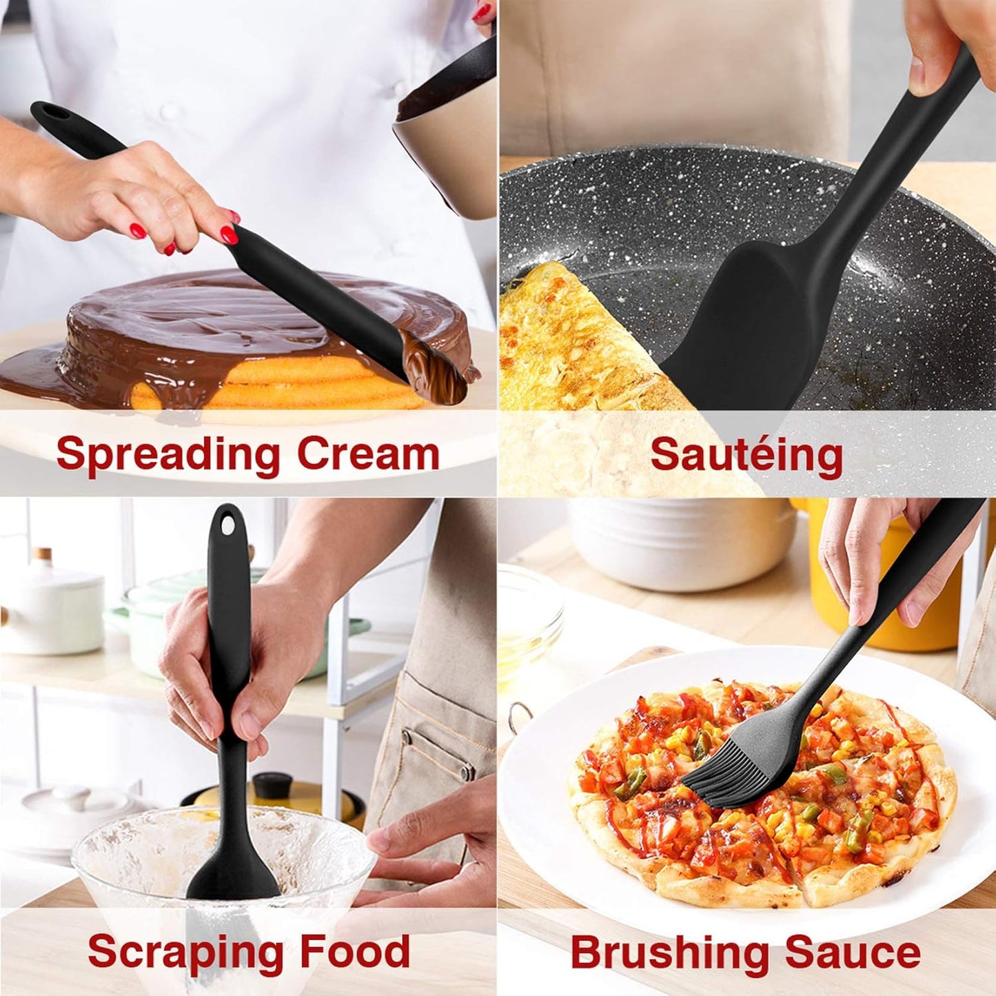 P&P CHEF Silicone Spatula Set - 7 Heat-Resistant Kitchen Utensils for Non-Stick Cooking | Flexible & Dishwasher Safe, Black