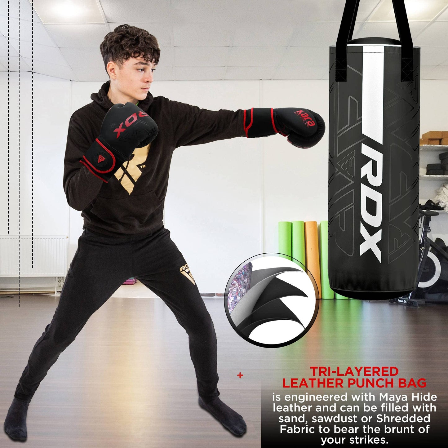 RDX Kids Unfilled Punching Bag Set 2FT, Non Tear Maya Hide Leather Kara Junior Hanging Bag for Kickboxing MMA Muay Thai Taekwondo Karate BJJ Strength Training, Home Gym Equipment
