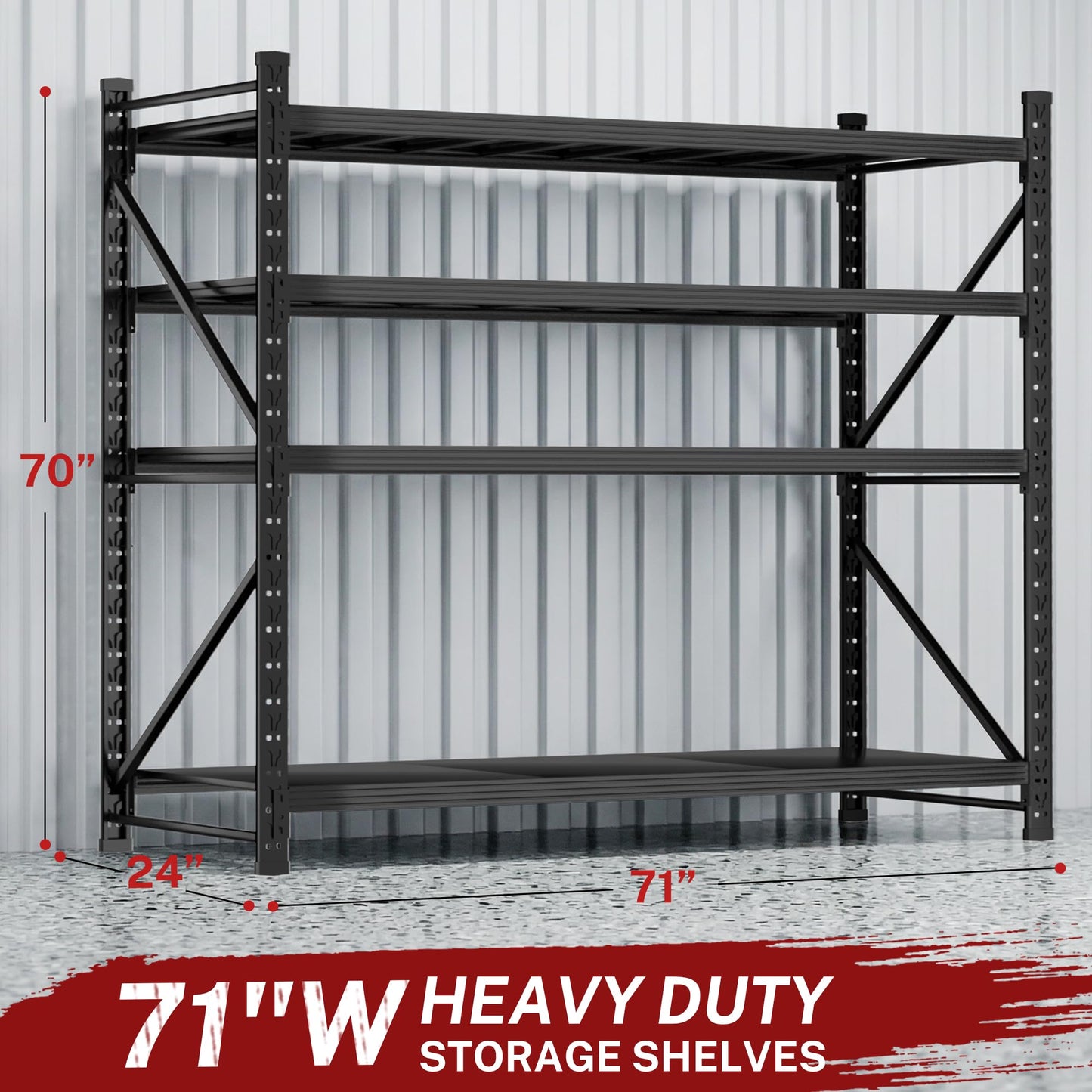 71”W Garage Shelving Units,5000LBS Storage Shelves,Garage Shelving Heavy Duty Metal Adjustable Shelves,Metal Shelving Rack,4Tier Large Tall Industrial Shelving for Shopping,Office (71" W*24" D*70" H)
