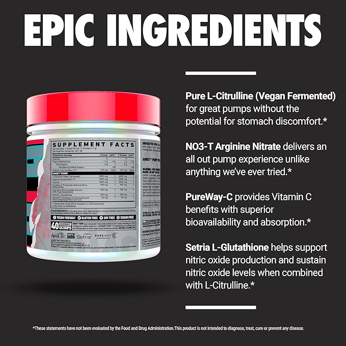 GHOST Pump Nitric Oxide Powder, Peach - 40 Servings - Sugar-Free & Stim-Free Pre-Workout Supplements - L-Citrulline, Arginine Nitrate & L-Glutathione - Soy & Gluten-Free, Vegan