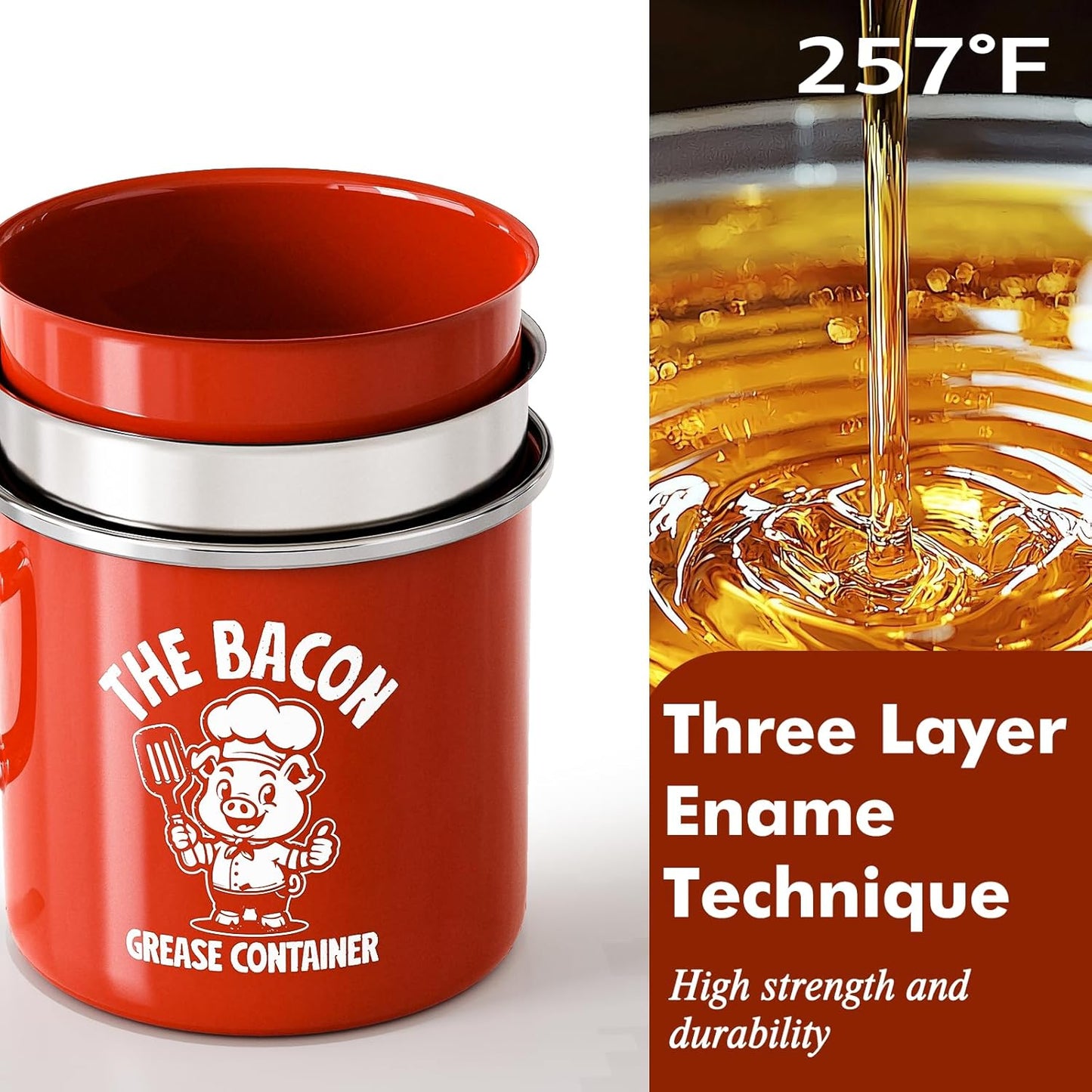 PGYARD Mini Bacon Grease Saver - 15oz Enamel Container with Strainer | Farmhouse Kitchen Fat Keeper, Dishwasher Safe - Red