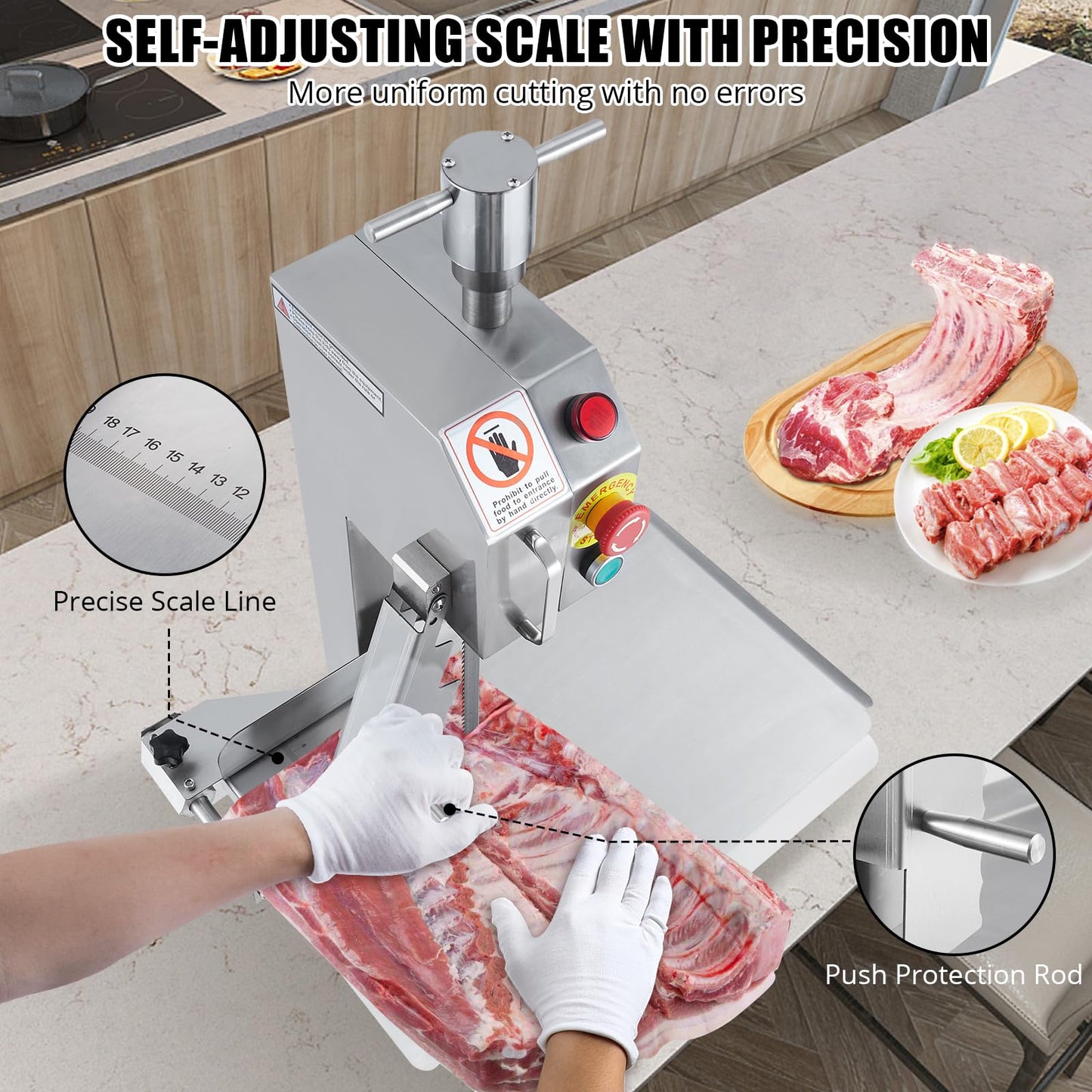 850w Commercial Electric Meat Bandsaw, Stainless Steel Countertop Bone Sawing Machine with 19.1 x 14.2 In Workbench, 4 Inch Max Cutting Thickness Frozen Meat Cutter for Rib Pork Beef