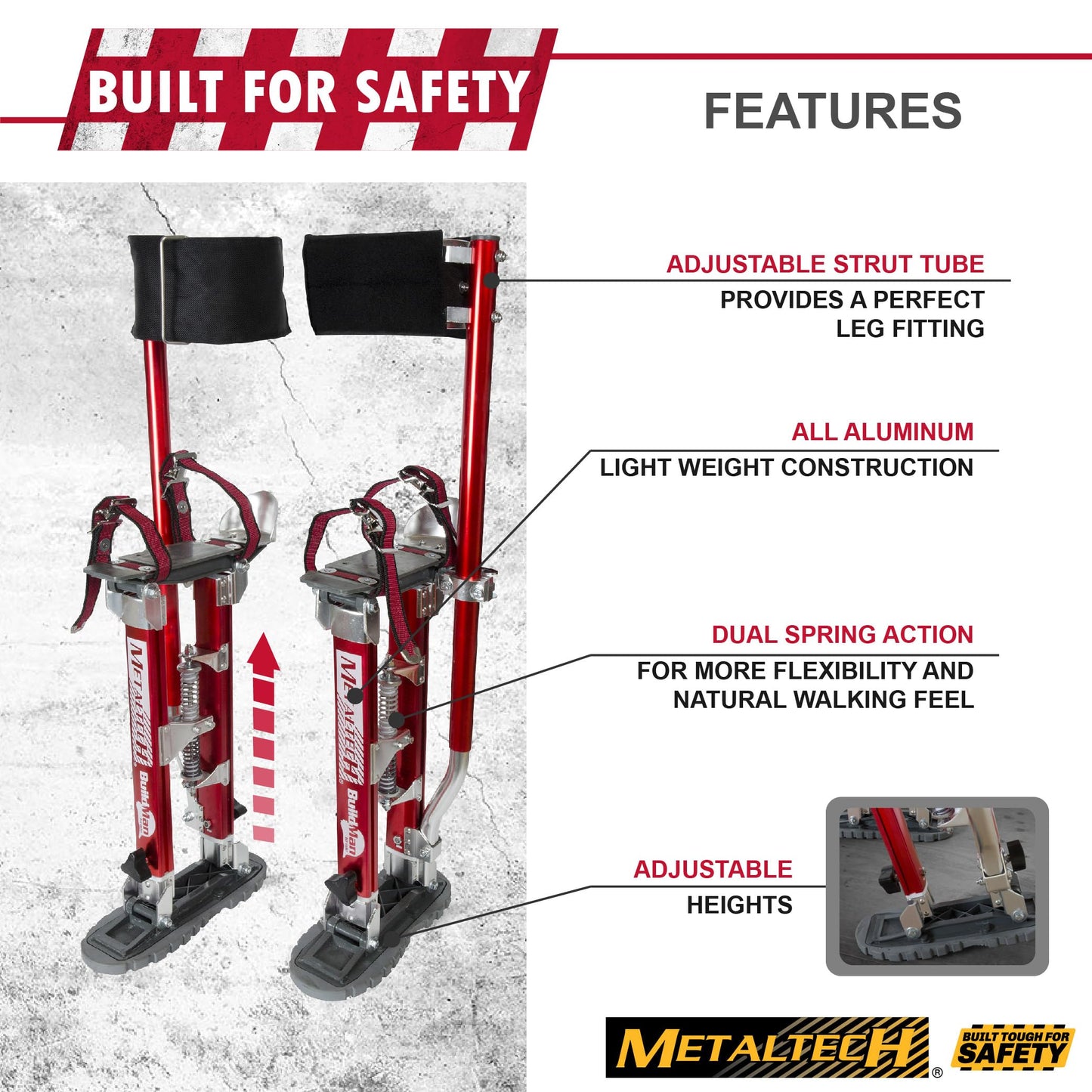 Metaltech I-BMDS1830 BuildMan Grade 18-in. to 30-in. Drywall Stilts 2-Pack, Anodized Aluminum Stilts for Adults, Drywall Tools for Home Improvement, Paint Stilts with Anti-Fatigue Comfort Straps
