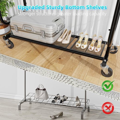 Ekisemio Heavy Duty Clothes Rack, Rolling Clothing Rack With Shelves Load 450 LBS, Double Rod Clothing Racks with Wheels for Hanging Clothes, Black