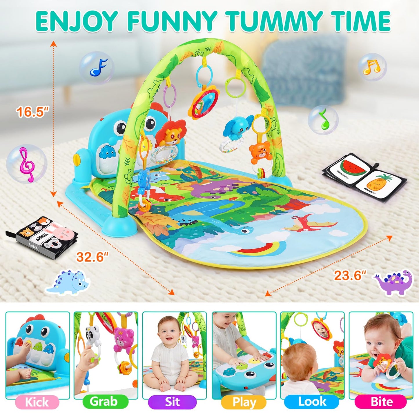 UMIKU Baby Play Mat Baby Tummy Time Mat Musical Activity Center for Infant with High-Contrast Piano Music & Light Newborn Babies Gifts for Boy Girl Babies 0-6 6-12 Months Dinosaur Style