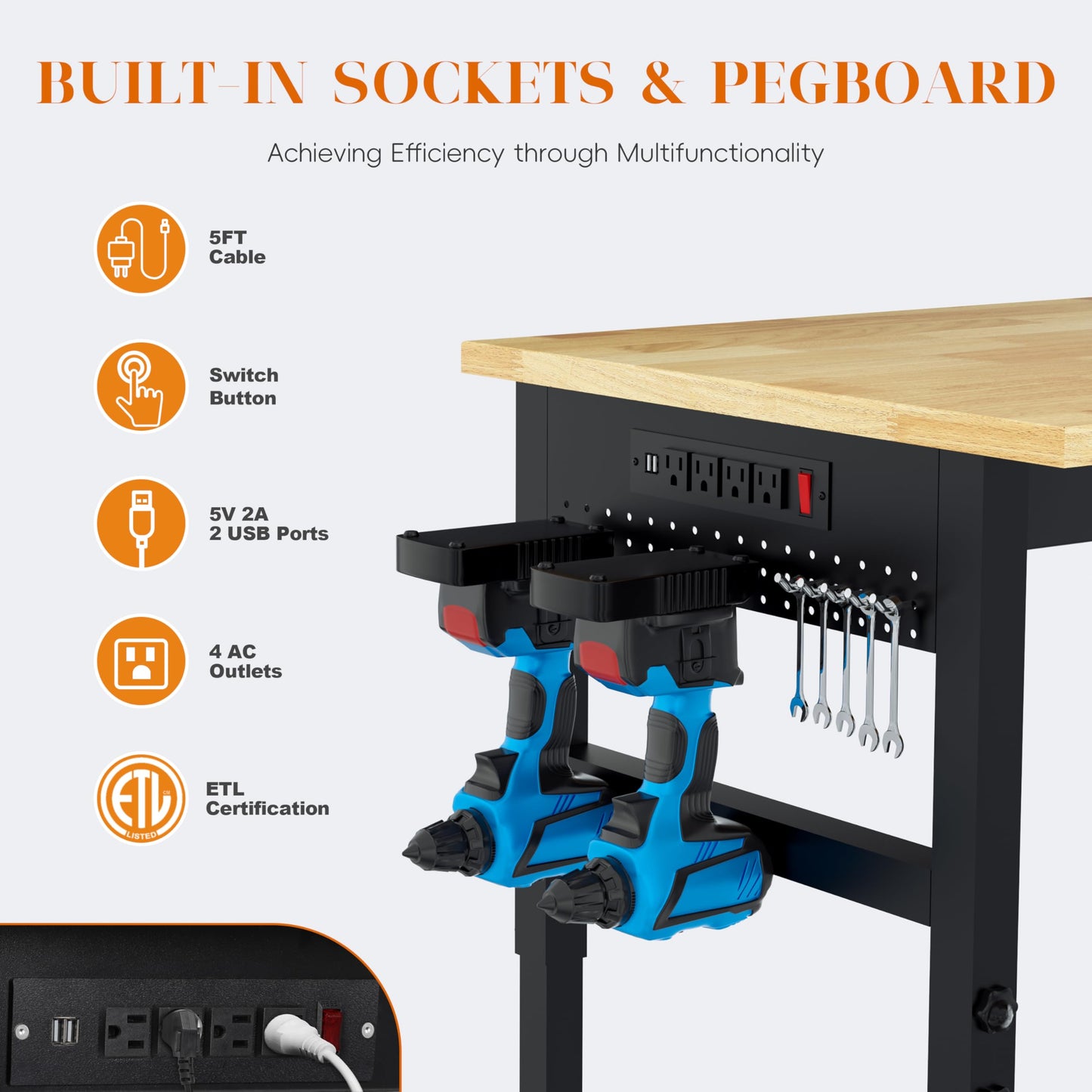 Betterhood 48" Heavy Duty Adjustable Workbench with Large Pegboard, Adjustable Work Table with Power Outlets & Lockable Wheels, Rubber Wood Workstation for Garage, Workshop, Office, Home, Commercial