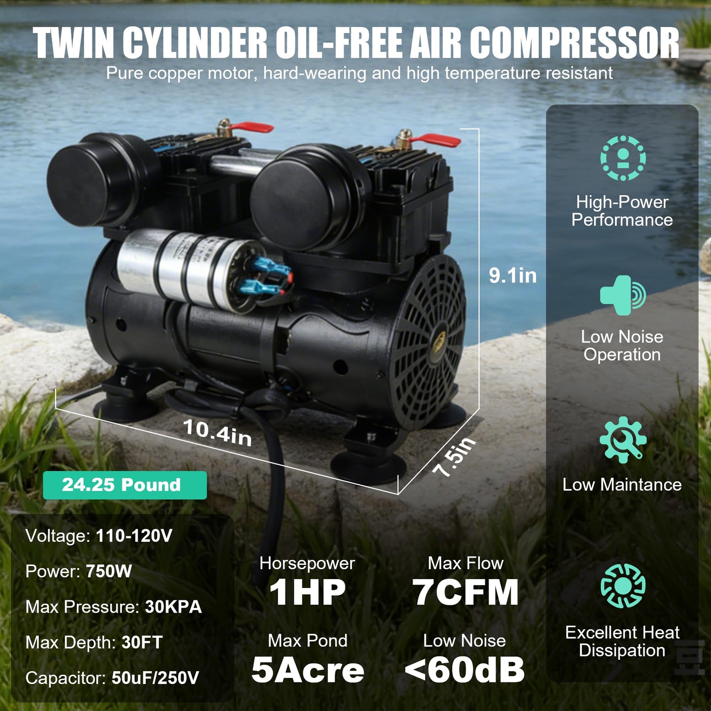 Goldlife A2 Pond Aerator, 7CFM Pond Aeration System for Up to 5 Acre Lake,110V/120V 1HP 750W Compressor & 2 Self-sinking Hoses 100FT & 2 Diffusers & Timer & 16FT Tube, Air Pump for Water Circulation