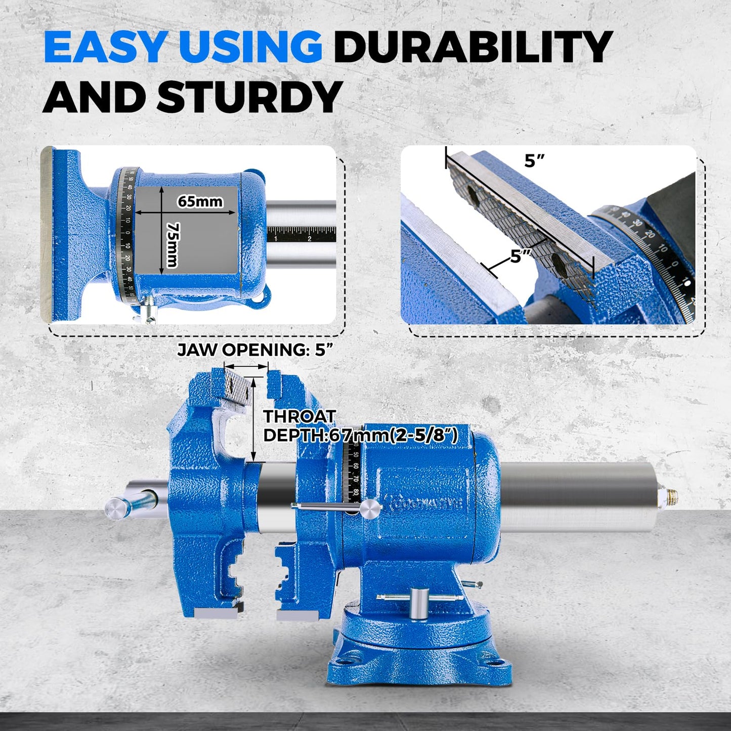 COGNATIVE 5-Inch Heavy Duty Bench Vise Ductile Iron Bench Vise 360° Multi-Purpose Bench Vice with Anvil, Clamp force 4000KG, Blue