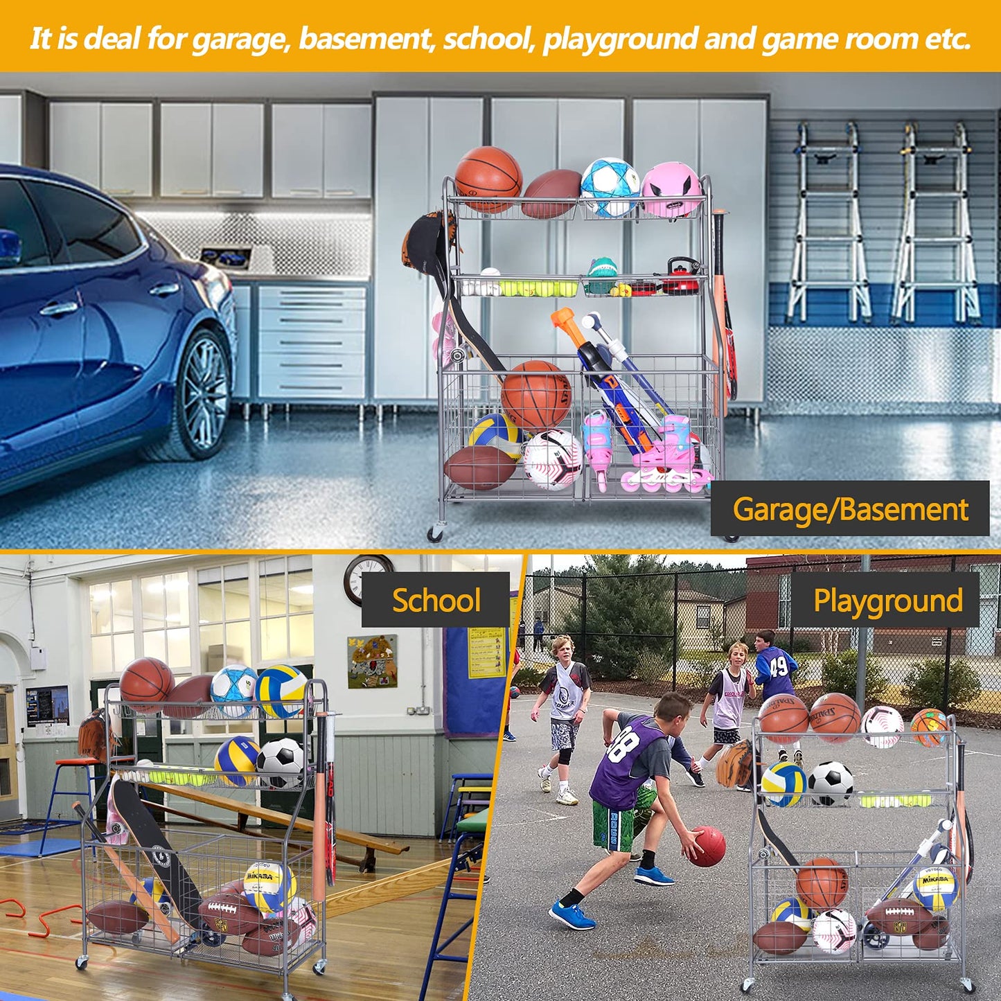 Kinghouse Rolling Sports Equipment Organizer with Wheels, Garage Ball Storage Rack for Basketball, Toys, for Garage, Indoor, Gym, Outdoo, Includes Metal Storage Bin, Bat Holder, Hooks