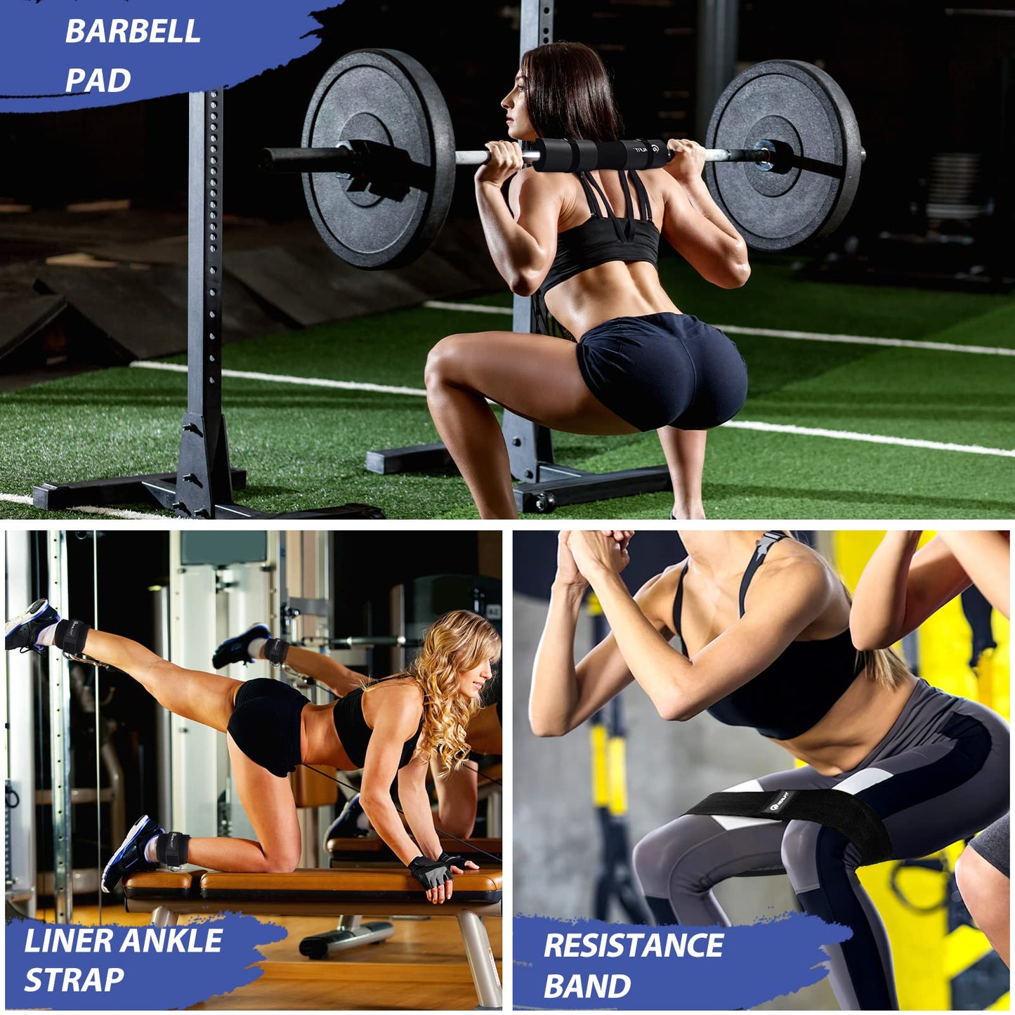 NEALFIT Barbell Pad Set for Squats, Lunges and Hip Thrusts, Neck & Shoulder Protective Pad, Standard Olympic Bars with 2 Gym Ankle Straps, Hip Resistance Band, Barbell Pad, Carry Bag (Black)