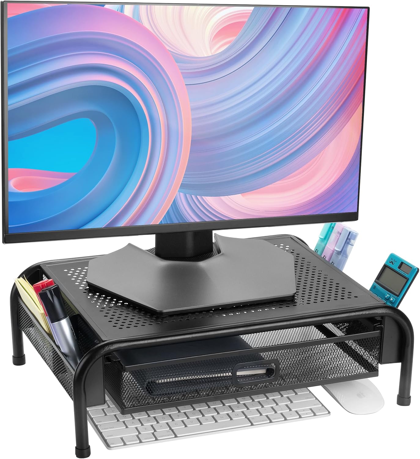 Metal Mesh Monitor Riser with Drawer - Desk Organizer for Optimal Viewing
