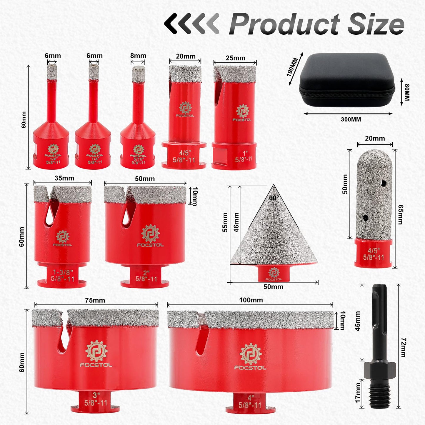 FOCSTOL Diamond Core Drill Bit Set - 12pcs (6/6/8/20/25/35/50/75/100mm+20mm Finger Milling Bit+50mm Beveling Chamfer Bit+SDS) Diamond Hole Saw Kit for Porcelain Ceramic Tile Marble Granite