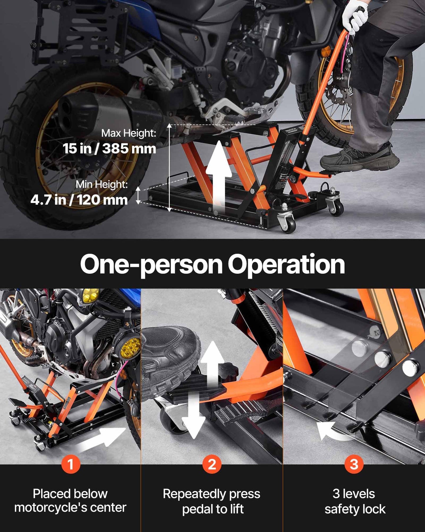 VEVOR Hydraulic Motorcycle Lift Jack 1500 LBS Capacity ATV Scissor Lift Jack Portable Motorcycle Lift Table with 4 Wheels Hydraulic Foot-Operated Hoist Stand for Motorcycle ATV UTV Powersports