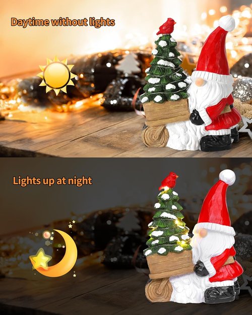 iStatue Santa Gnome Figurine - Lighted Mini Christmas Tree & Cardinal Decorations - 9.5 Inch Holiday Decor