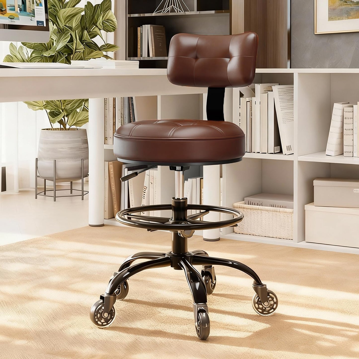 FREEKYROCK Office Drafting Chair with Footrest, Tall Height Adjustable Stool with Back Support, Heavy Duty Rolling Stool Chair with Wheels for Office Home Kitchen Bar Shop Guitar Studio Vanity, Brown