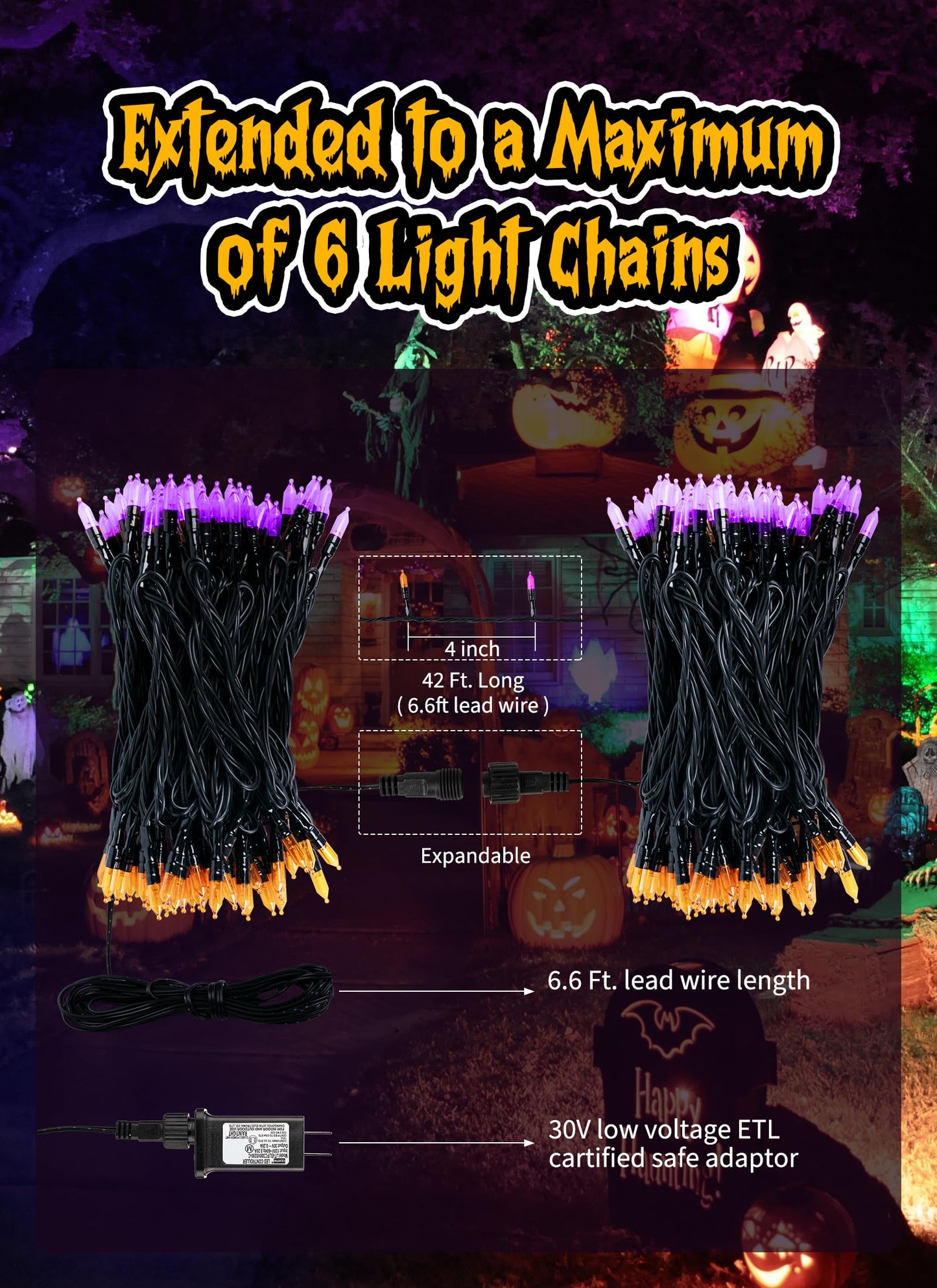 Minetom Outdoor Halloween Lights, 100 LED String Lights, 39 Feet, Waterproof, Orange & Purple, 8 Lighting Modes