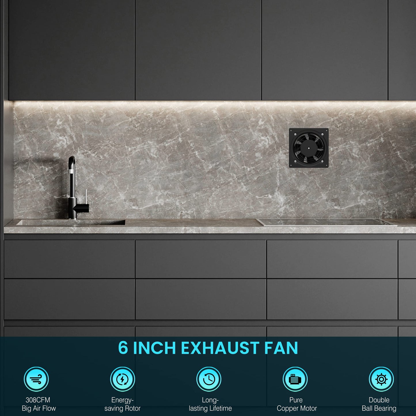 HG Power 6 Inch Exhaust Fan with Speed Controller, 308CFM Wall Exhaust Fanfor Kitchen, Bathroom, Metal Extractor Fan for Pet Room, Smoking Room, Attic, Garage, Window Ventilation