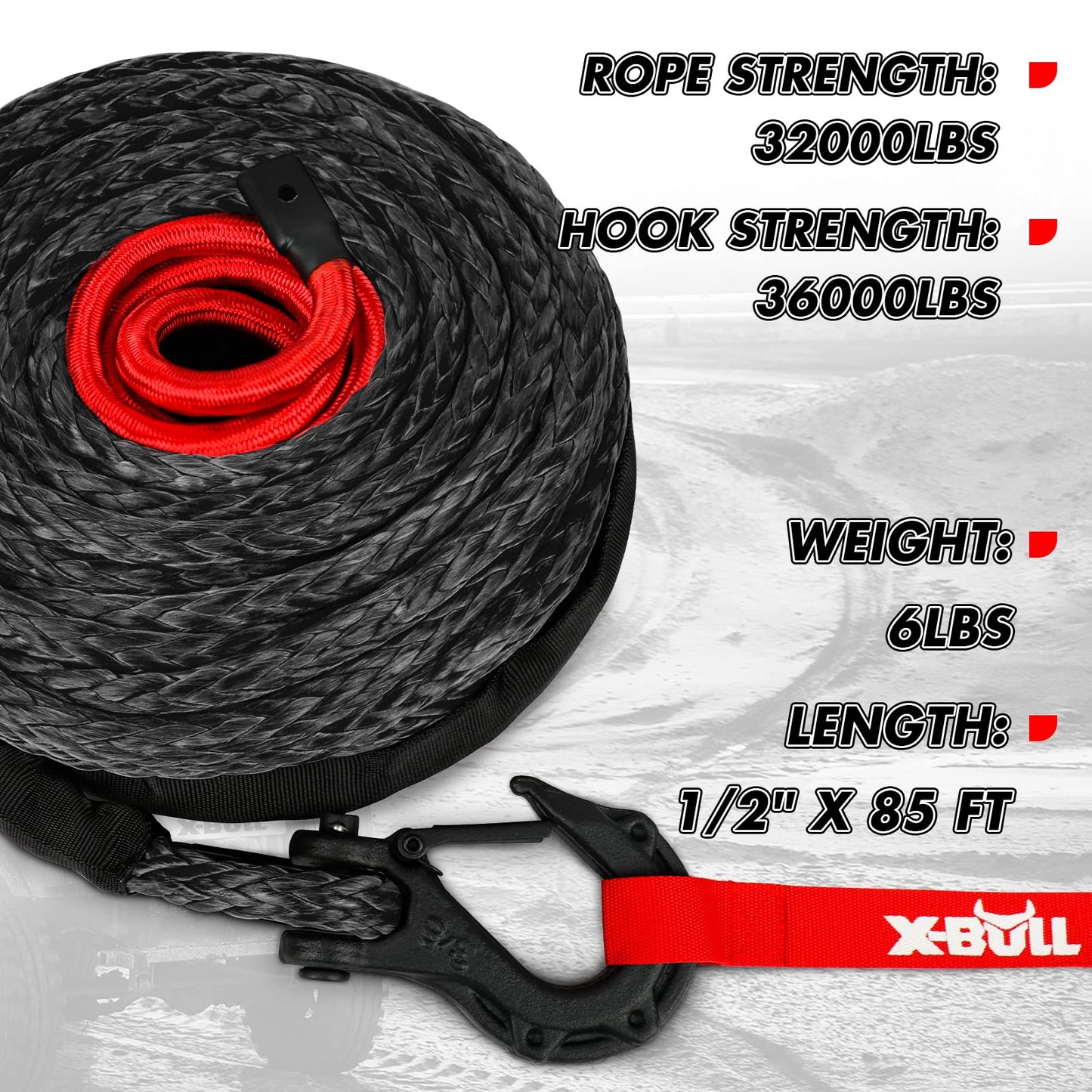 X-BULL Synthetic Winch Rope - Cable Kit -1/2" X 85ft 32000LBS Winch Line with Protective Sleeve Forged Winch Hook Safety Pull Strap go for 4WD Off Road Vehicle Truck SUV ATV UTV- Black