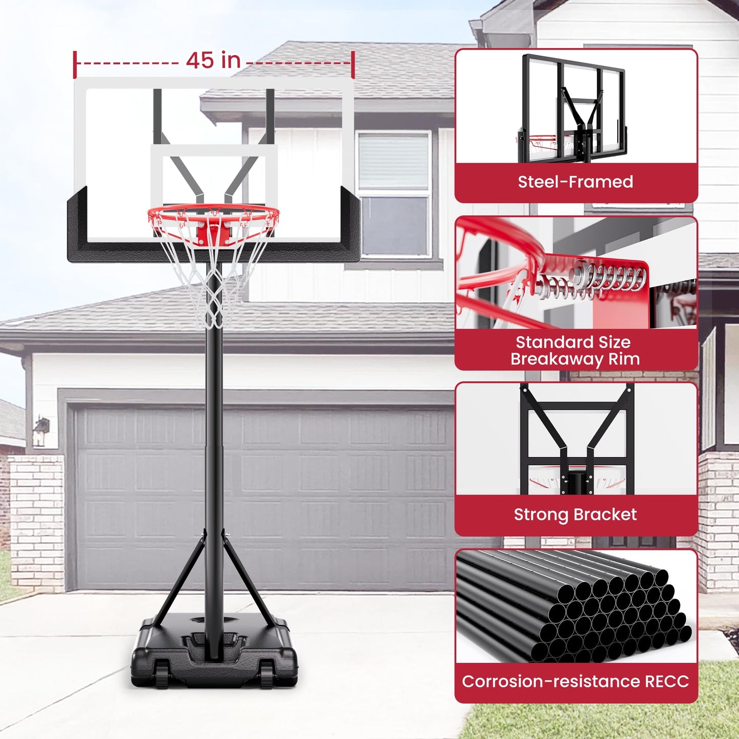 Feelwin Basketball Hoop, Portable Adjustable Height Basketball Goal with Wheels in Driveway, Backyard & Outdoor for Kids Youth and Adults