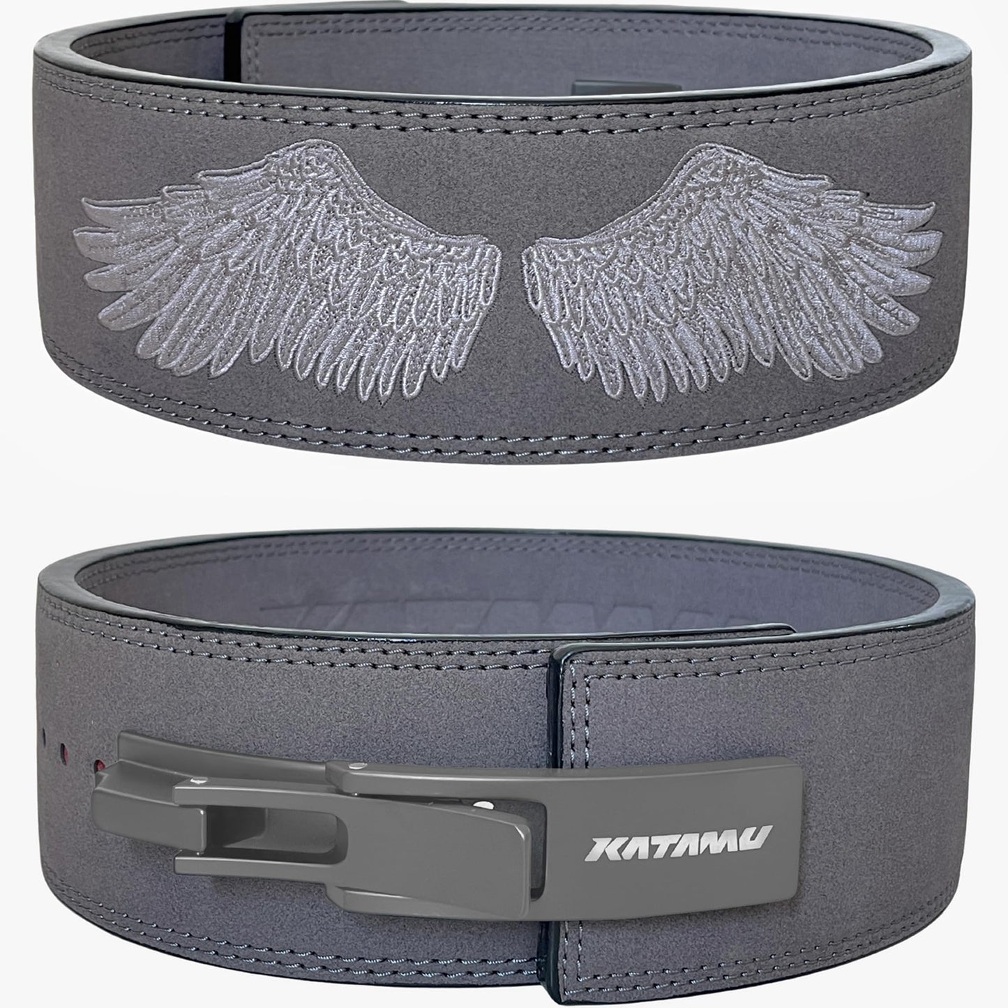 Katamu Grey Wings USPA & IPL Approved Lever Belt — Premium 10mm and 13mm Leather Powerlifting Belt for Men and Women, Steel Lever Buckle, 4 Inch Back Support for Deadlifts