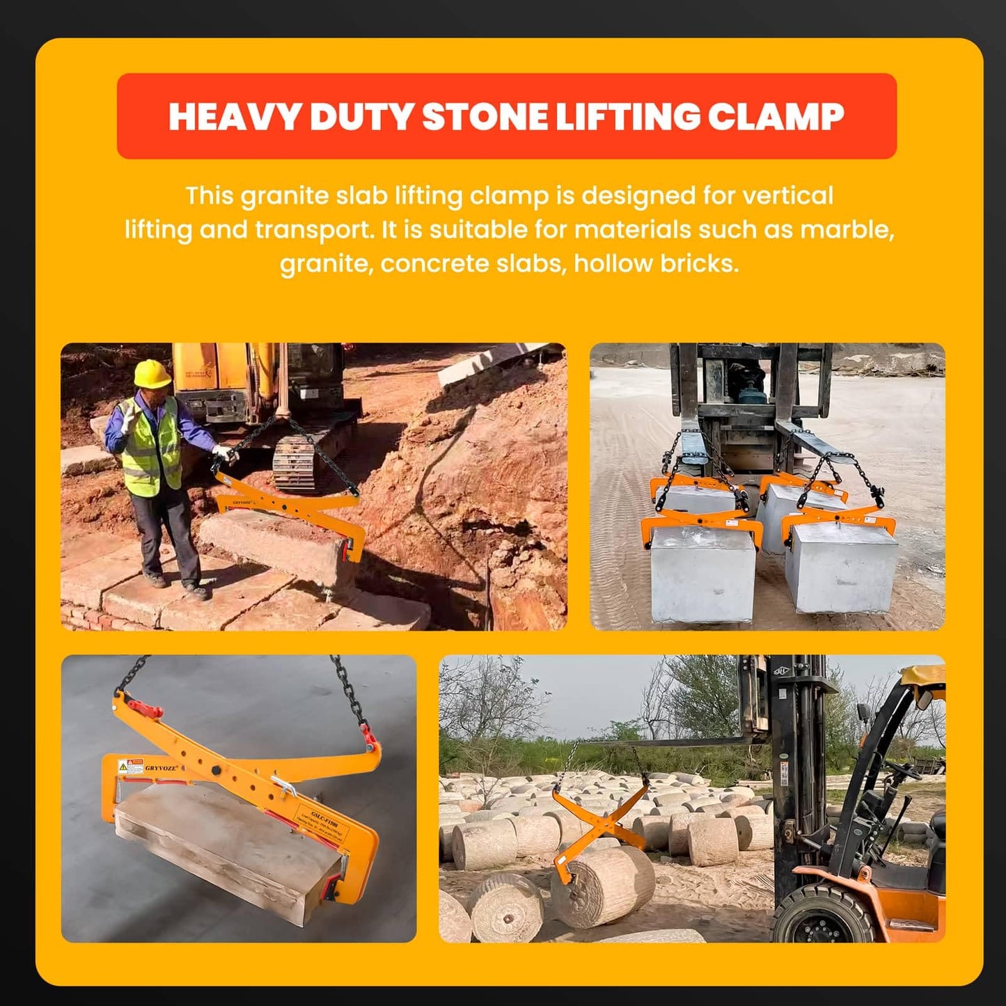 GRYVOZE 3306 lbs Granite Slab Lifting Clamp, Adjustable Range: 26"-49.6", Heavy Duty Stone Lifting Clamps for Carrying and Vertical Transport of Marble, Concrete Blocks, Slate Sheets, Curb Stones